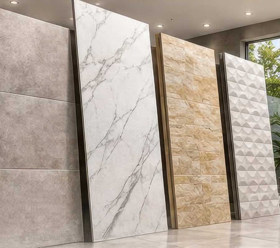 Grands carreaux effet marbre, pierre et 3D