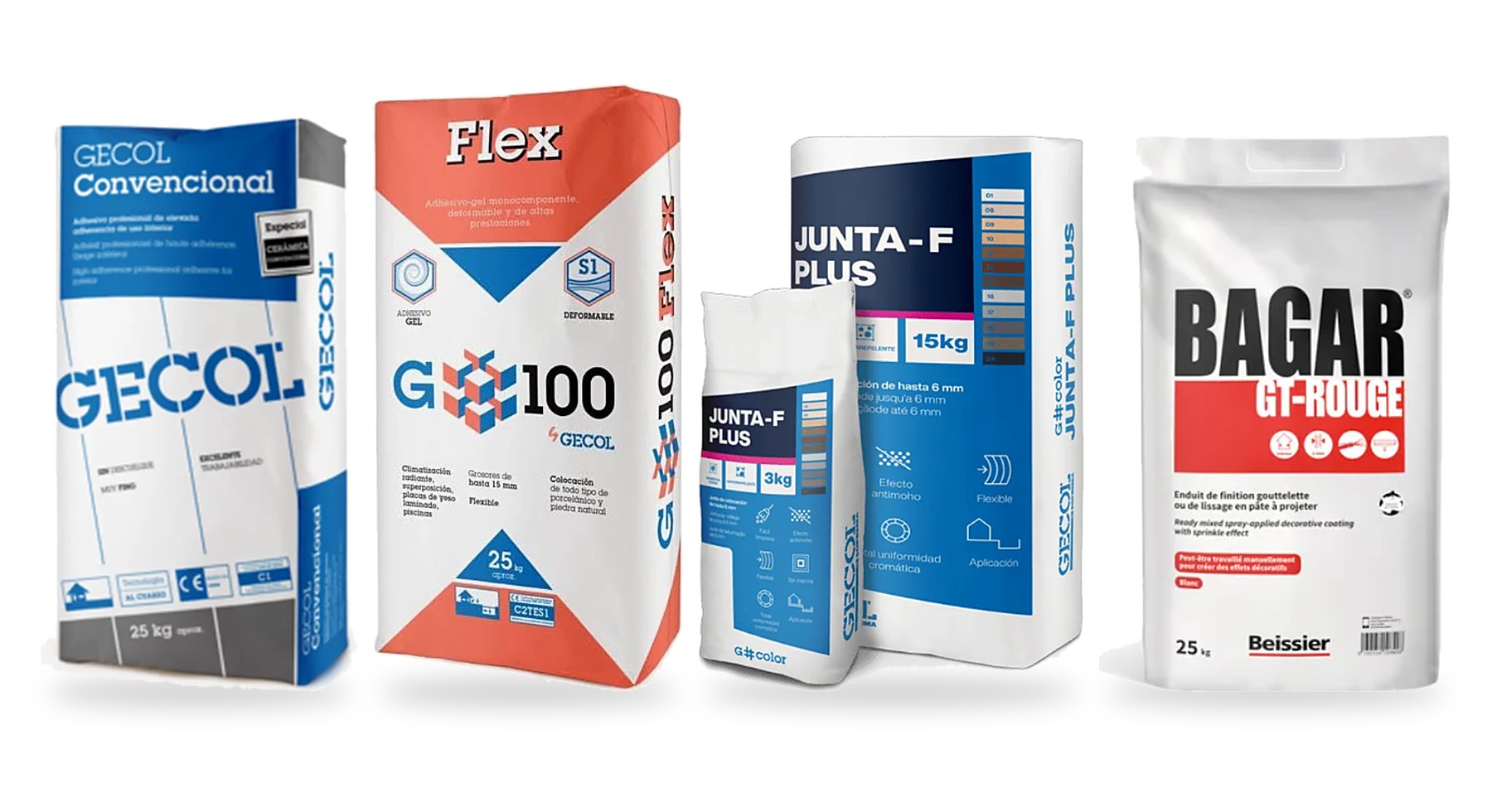 Sacs Gecol Convencional, G100 Flex, Junta-F Plus et enduit Bagar GT-Rouge Beissier