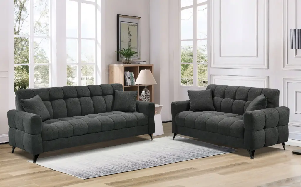 [H9400DGREY] CANAPE CLIC CLAC + RANGEMENTS + 2 COUSSINS 208X87X86CM GRIS