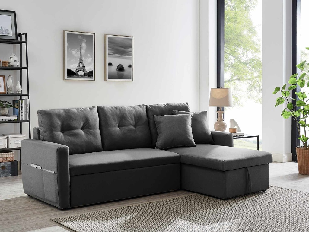 CANAPE D'ANGLE SARA GRIS LIT+COFFRE
